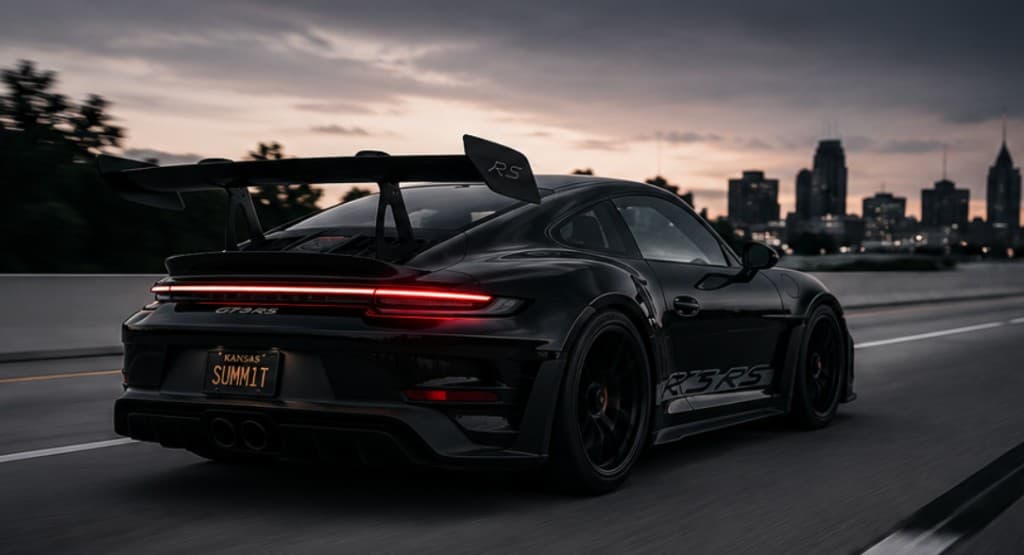 Black Porsche GT3 RS with SUMM1T Kansas plate