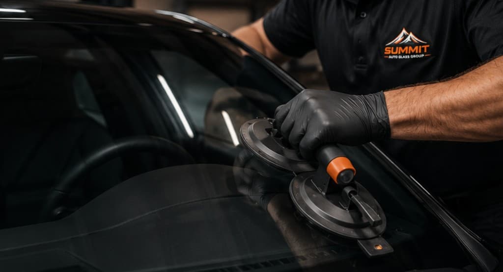 Summit technician installing windshield with professional suction tools