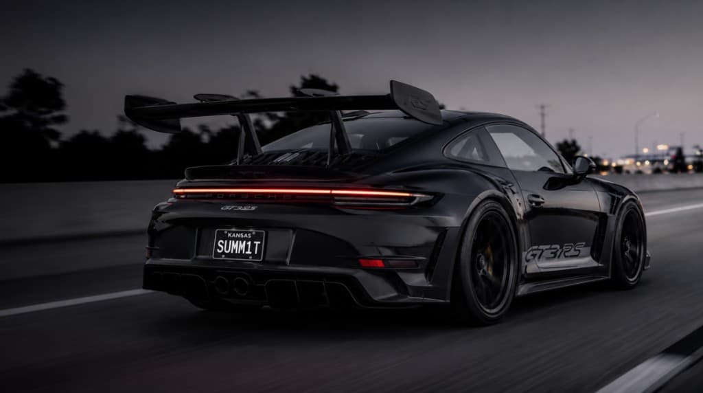 Black Porsche GT3 RS with SUMM1T Kansas plate — Summit Auto Glass Group hero