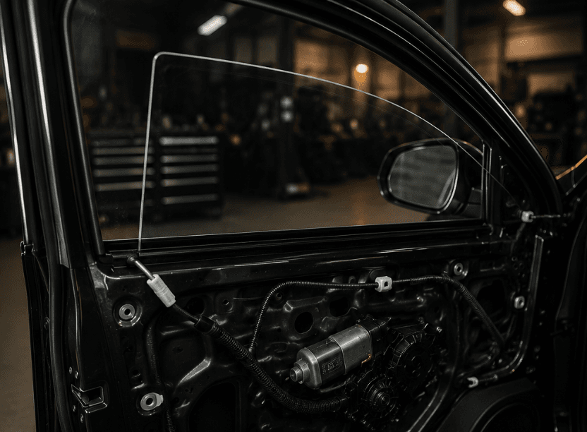 Door glass and window regulator service with panel removed — Summit Auto Glass