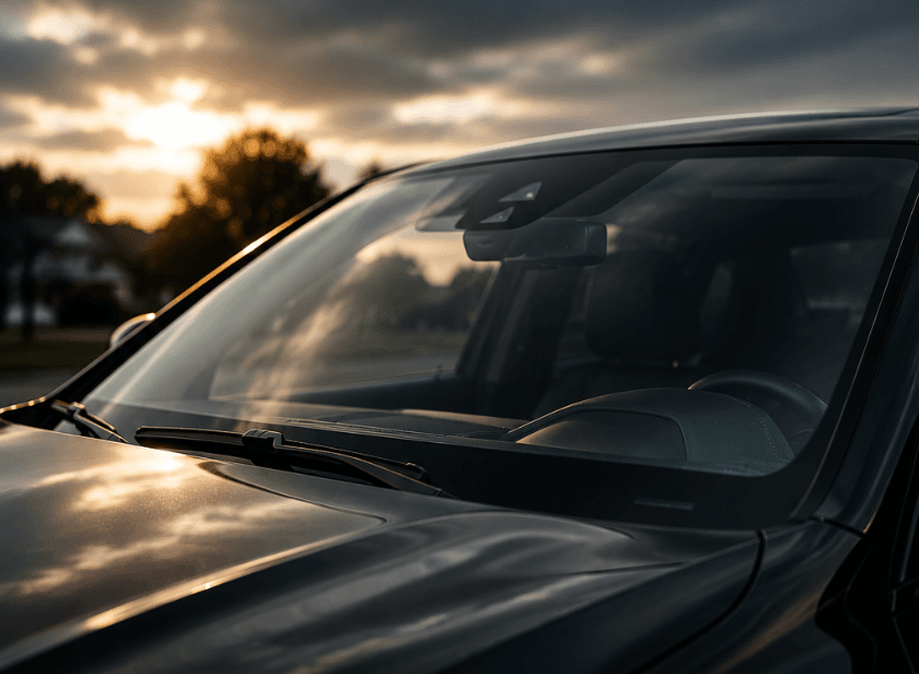 Dark vehicle windshield at golden hour — Summit Auto Glass windshield replacement